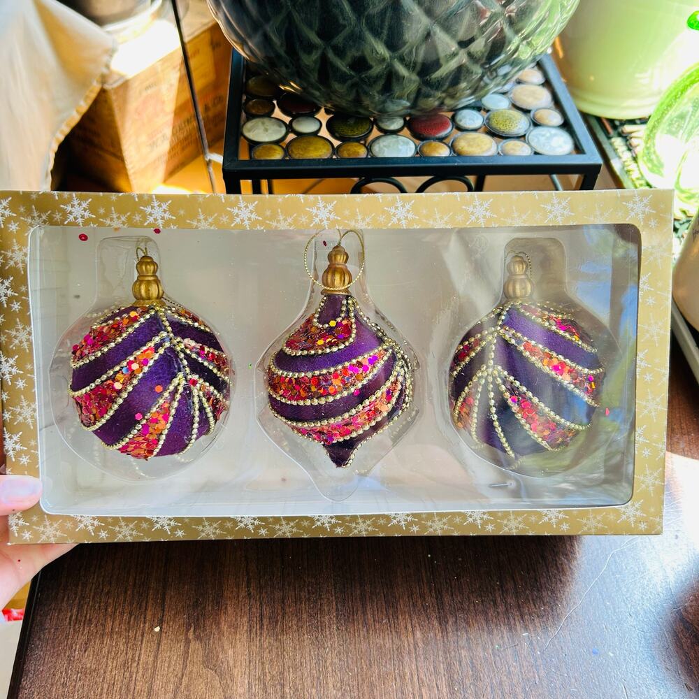 3 New domain purple pink gold set of Christmas ornaments